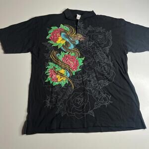 Avirex XL Black Graphic Polo Shirt Snake Floral Tattoo Print 100% Cotton Vintage